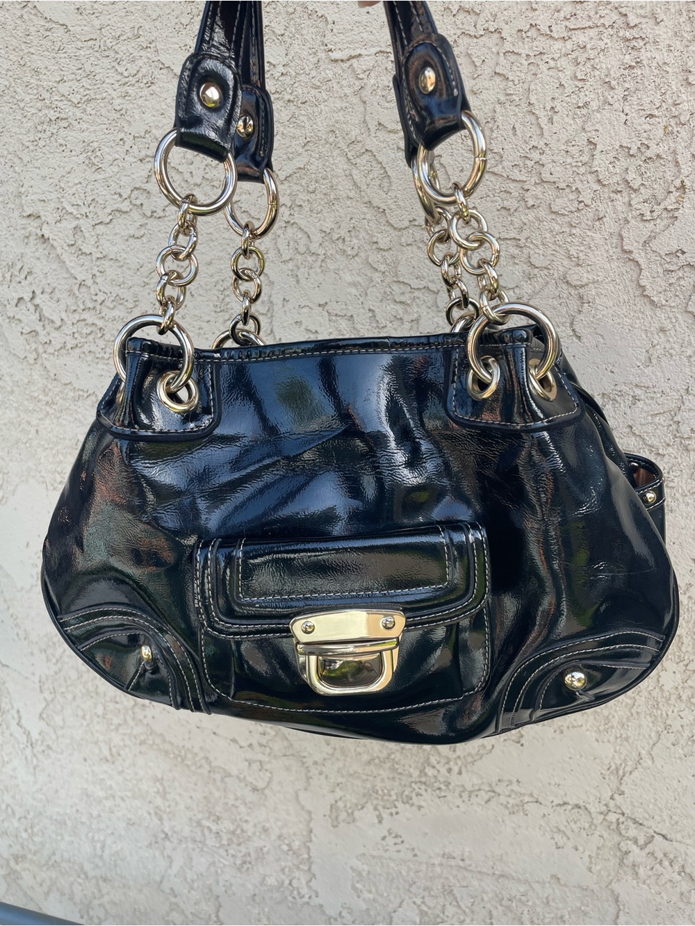 Kathy Van Zeeland Black Patent Satchel with Gold Hardware Y2K